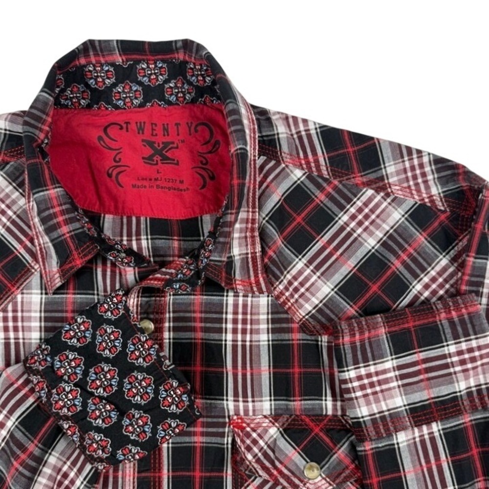 Wrangler Twenty X Western Snap Shirt Red Black Plaid Floral Trim Mens Large